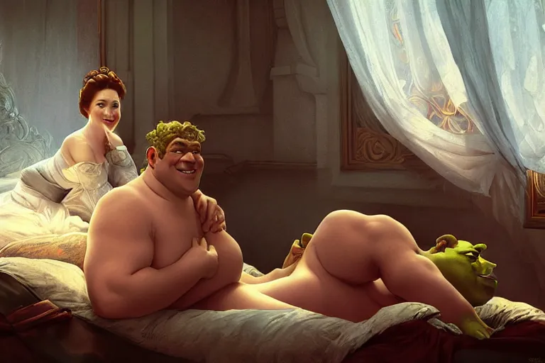 Image similar to russian poet alexander pushkin and shrek together in bed, portrait, highly detailed, digital painting, artstation, concept art, smooth, sharp focus, illustration, cinematic lighting, art by artgerm and greg rutkowski and alphonse mucha