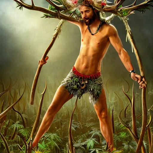 Prompt: intoxicated lazy shirtless hippie warrior wearing twigs and leaves and antlers smiling sheepishly in a field of cannabis plants, highly detailed, dramatic lighting, night time, cinematic, fantasy art, hyperrealistic, detailed