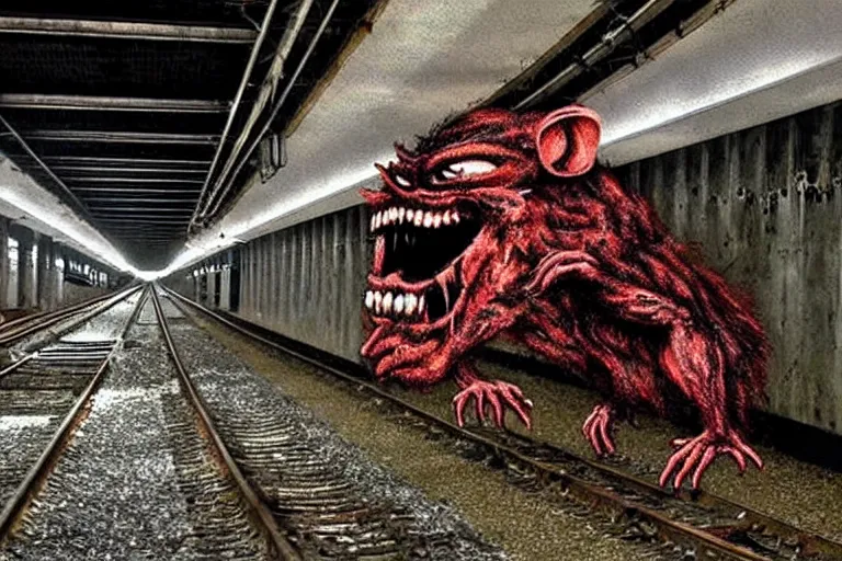 Image similar to very large giant mutant zombie irradiated ( angry rat ) staying on railways in tonnel of moscow subway. tonnel, railways, giant angry rat, furr, fangs, very realistic. extreme long shot, rusty colors, anish kapoor, ( herman nitsch, giger ).