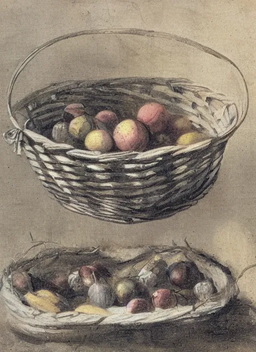 Image similar to a 1 9 th century oil sketch of a basket full of fruit. high quality scan