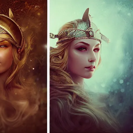 Image similar to stereo photography image of a beautiful Viking princess, full portrait, detail, lighting, by anna dittman