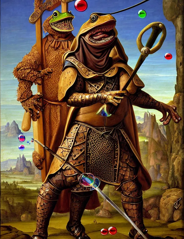 Image similar to anthropomorphic bipedal frog that is dressed as a medieval barbarian, and wielding a club weapon, as a renaissance oil painting and d & d character art, by alex grey, standing, fullbody, floating bubbles, enlightenment, mystic, concept art, award - winning, extremely detailed, sharp focus