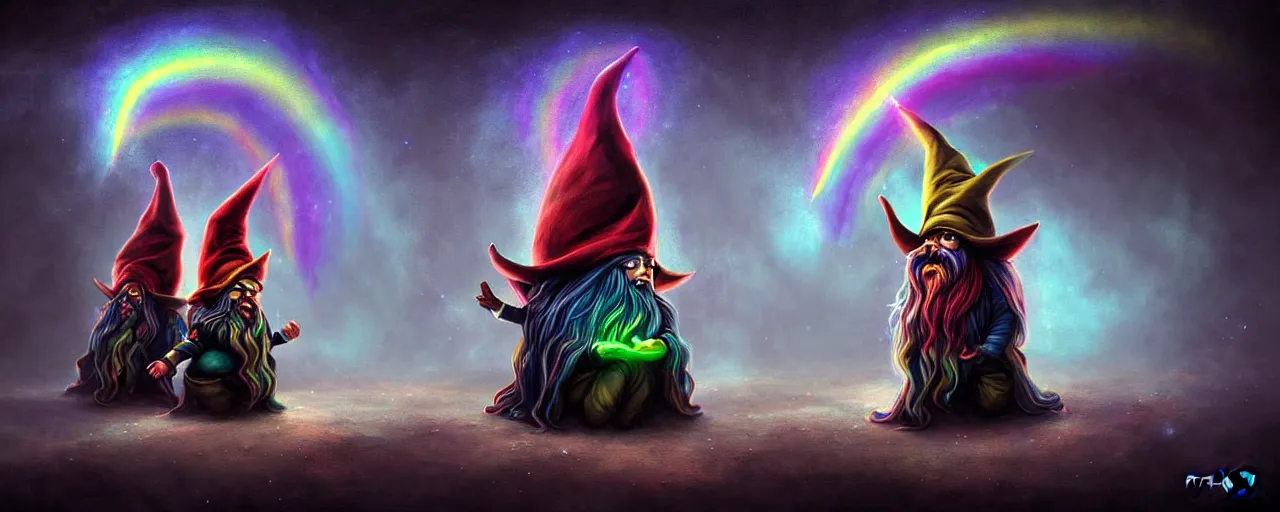 Image similar to whimsical bifrost alchemical gnomes, surreal dark uncanny painting by ronny khalil