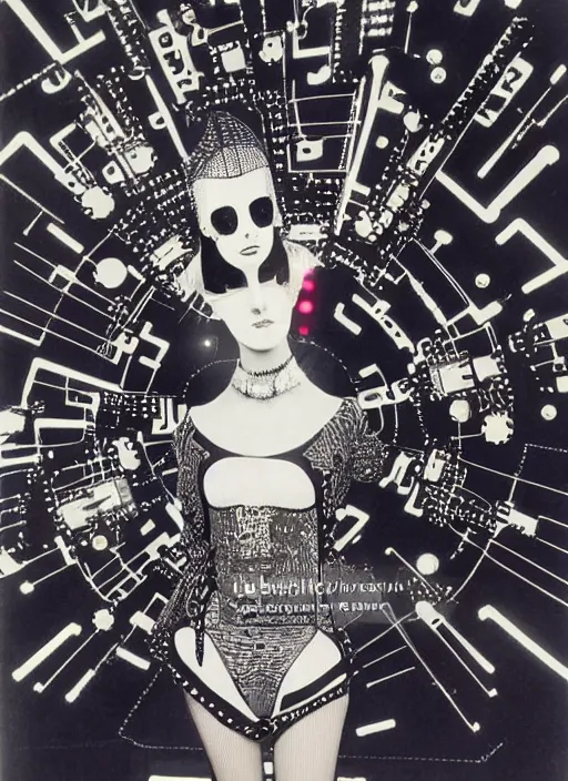 Image similar to Portrait of a punk goth fashion fractal cosmonaut girl with a television head wearing kimono made of circuits and leds, surreal photography by Man Ray