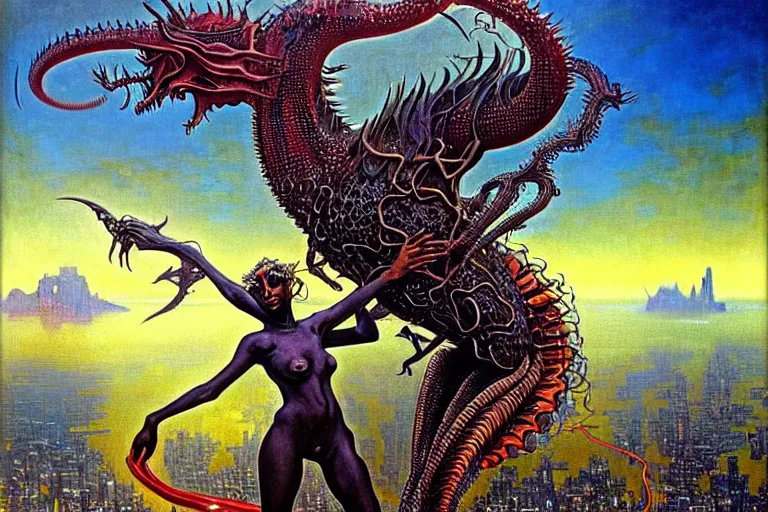 Prompt: realistic extremely detailed closeup portrait painting of a beautiful black woman riding a mutant dragon, dystopian city on background by Jean Delville, Amano, Yves Tanguy, Ilya Repin, Alphonse Mucha, Ernst Haeckel, Edward Robert Hughes, Roger Dean, heavy metal 1981, rich moody colours