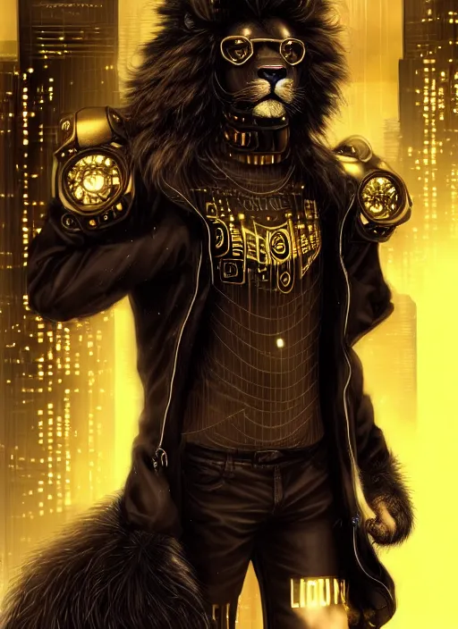 Image similar to award winning beautiful portrait commission of a male furry anthro lion fursona with a tail and a cute beautiful attractive detailed furry face wearing stylish black and gold cyberpunk clothes in a cyberpunk city at night while it rains. Character design by charlie bowater, ross tran, artgerm, and makoto shinkai, detailed, inked, western comic book art