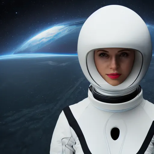 Prompt: full body portrait of a woman in a sleek space suit, futuristic helmet, science fiction, 8k