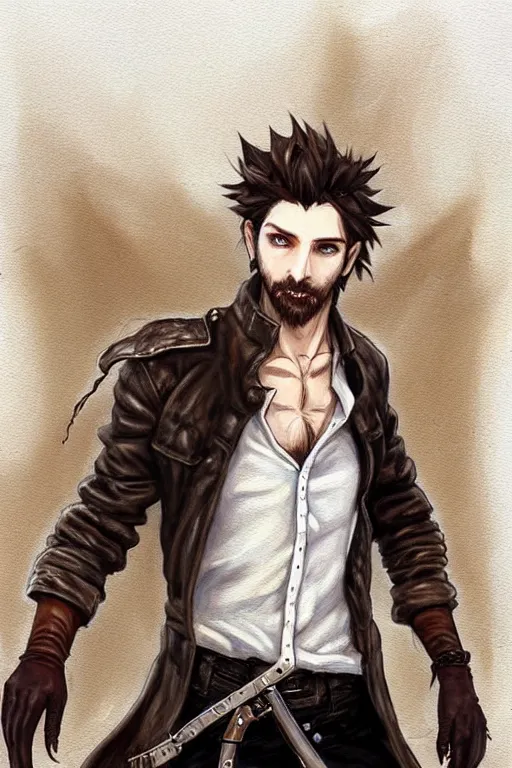 Prompt: man, stubble beard, brown messy hair!, brown eyes, pale skin, black gloves!! and boots, white shirt blue jeans!! dark coat standing in desert an ultrafine detailed painting, detailed painting, detailed eyes!!, final fantasy octopath traveler lovecraft ghibly 7 9 8 7