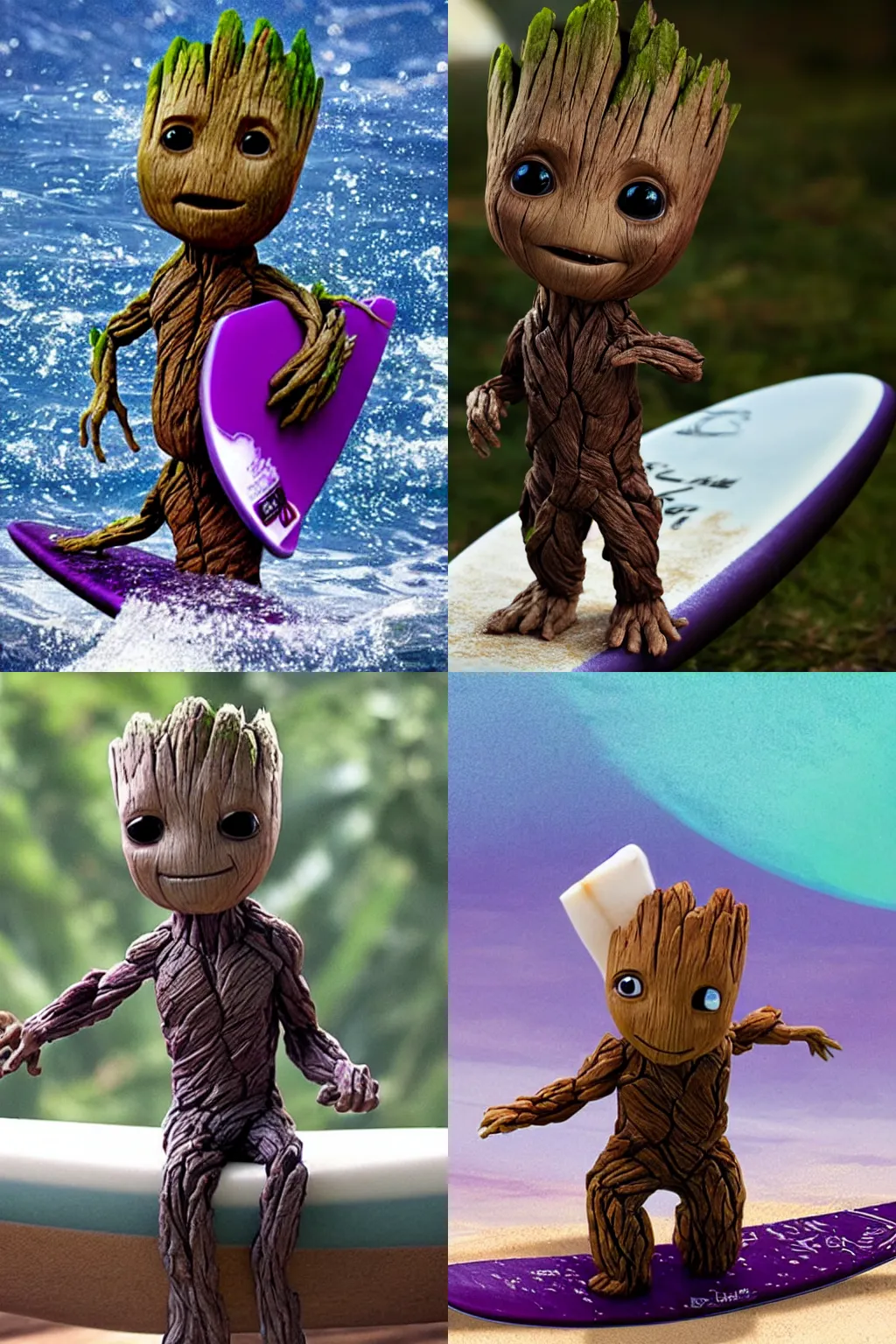 Prompt: little Groot is riding a surfboard shaped like a bar of purple soap, cinematic angle