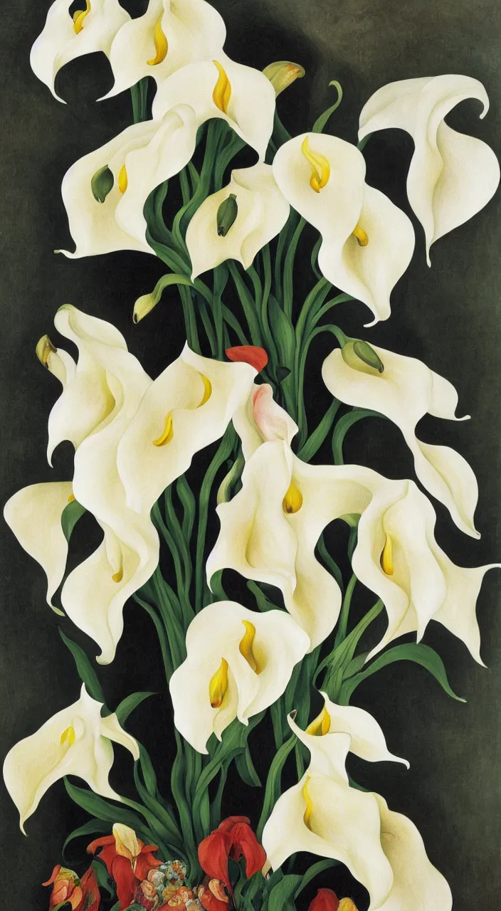 Image similar to portrait of a cream colored havanese dog with a bouquet of calla lillies, mexico, painting by diego rivera realism 1 9 3 5