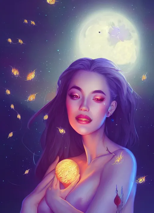 Image similar to queen of the night surrounded by fireflies with the fullmoon in the background, highly detailed, artgerm style, artstation, soft light, sharp focus, illustration, character design, concept art