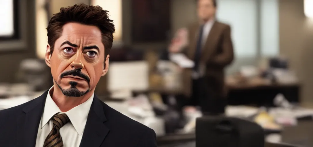 Image similar to a very high resolution image of tony stark. from an episode of the office with micheal scott. photorealistic, photography