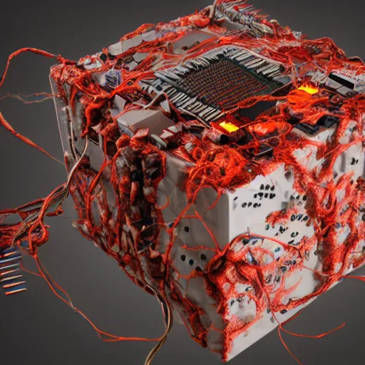 Image similar to a square computer coated in, clumps of hair, wires, leds, thermal sink, electronics,, skin, flesh, blood, guts and teeth, artstation