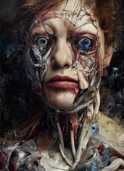 Prompt: highly detailed and textured painting of a deformed anatomical portrait with dead eyes, emotionally expressive, highly detailed oil painting, impasto brush strokes, soft light, 8 k, cyberpunk colour palette, dramatic composition, dramatic lighting, sharp focus, masterpiece by adrian ghenie and jenny saville and zhang jingna