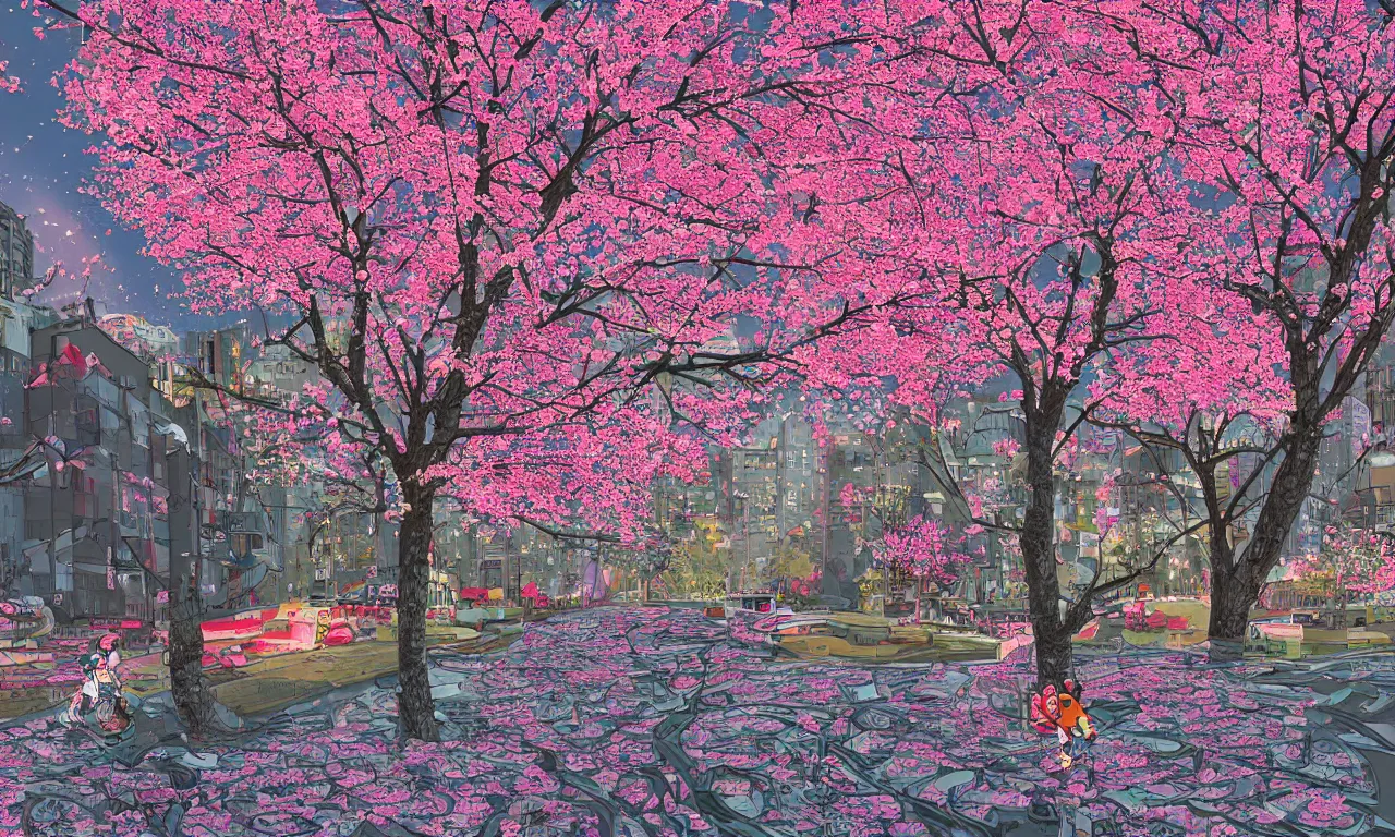 Prompt: twiddle a plopple, cherry blossom, busy cityscape, digital art, 3 d illustration