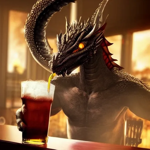 Image similar to a anthropomorphic dragon drinking in a bar Trending on artstation DeviantArt Pinterest furaffinty Photorealistic HD 8k highlights and shadow detailed High Resolution