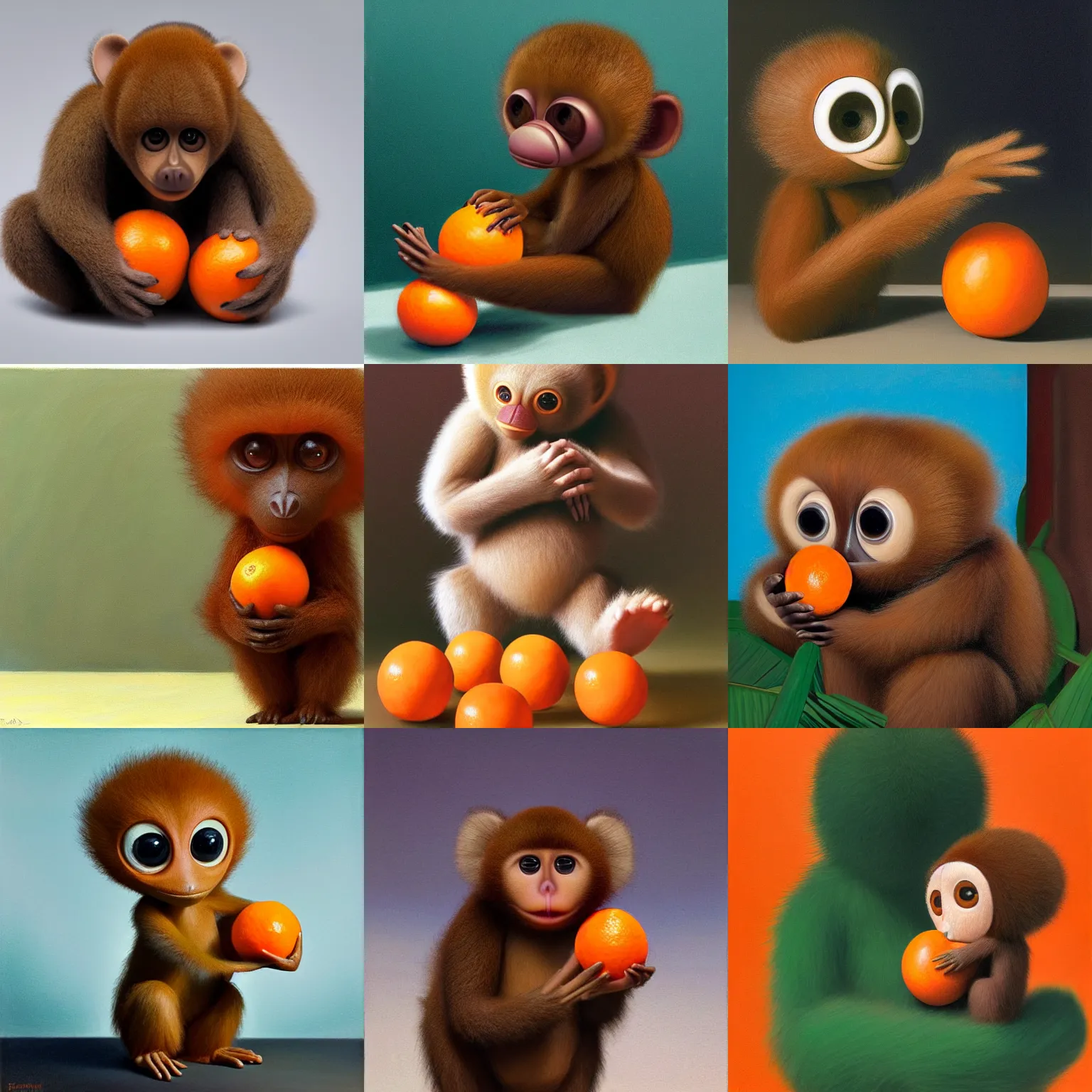 Prompt: hyper realistic cute fluffy big-eared brown Cheburashka with big eyes, holding a tangerine, by Edward Hopper and James Gilleard, Zdzislaw Beksisnski, higly detailed