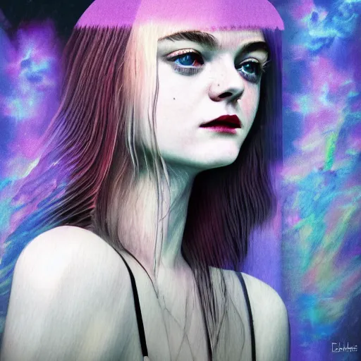 Prompt: professional painting of Elle Fanning in the style of a Crystal Castles album cover, head and shoulders portrait, symmetrical facial features, smooth, sharp focus, illustration, intricate, stormy weather, extremely detailed masterpiece,