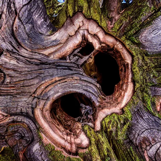 Prompt: ultra wide fisheye photo if a hiker accidentally carving their name into the bark at the base of a gigantic tree ent's leg, which looks down at him from high above angrily, trending on artstation hyperreal