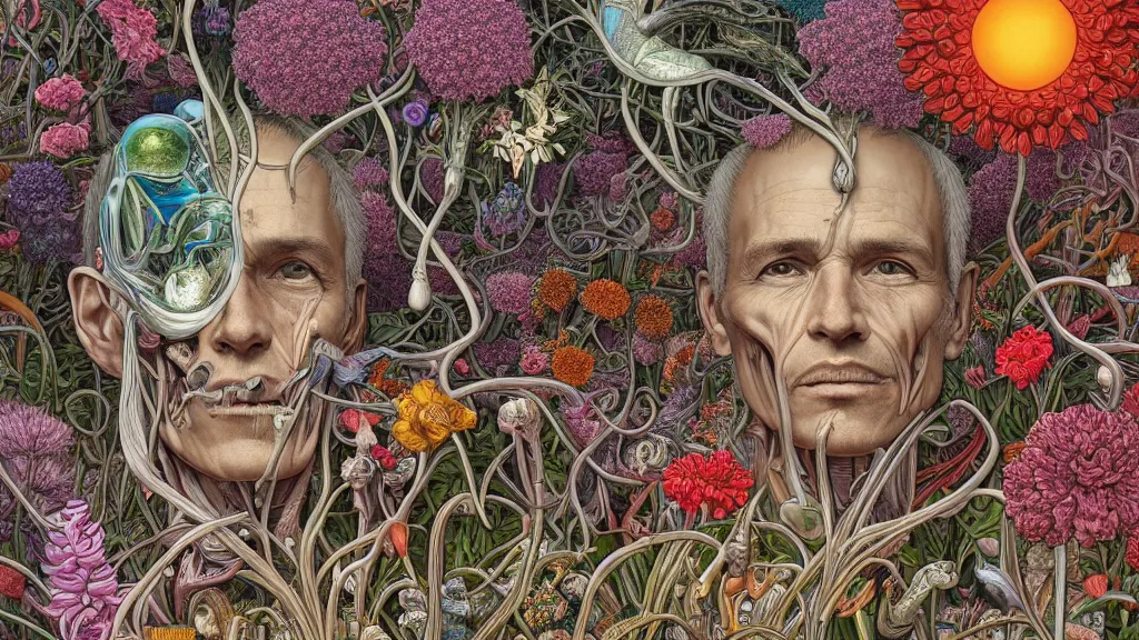 Prompt: highly detailed illustration of a human anatomy head surrounded all the known species of flowers by juan gatti, by moebius!!, by oliver vernon, by joseph moncada, by damon soule, by manabu ikeda, by kyle hotz, by dan mumford, by kilian eng