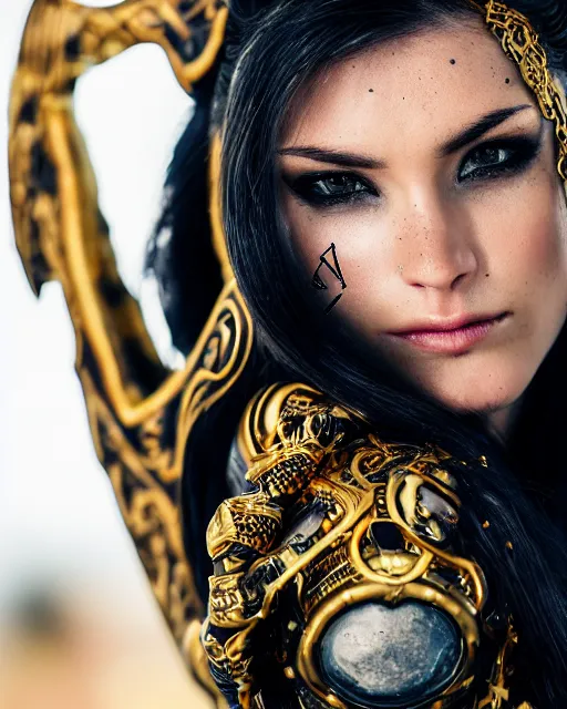 Image similar to a beautiful close up photo of a female model with long hair, no helmet, wearing leather and gold futuristic steampunk armor, with ornate rune carvings and glowing lining, very detailed, shot in canon 50mm f/1.2