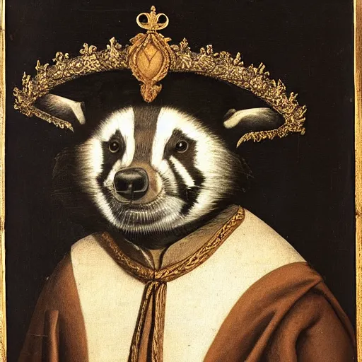 Prompt: renaissance style portrait of an european badger wearing a crown and a cape, dark background