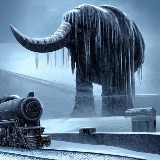 Image similar to an imposing futuristic black steam train and a giant mammoth, post - apocalyptic ice landscape with heavy snow, digital art