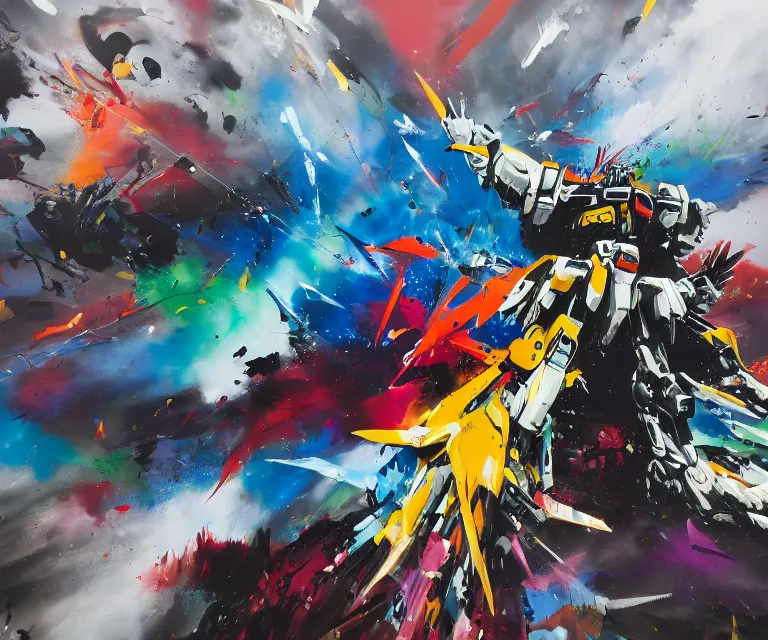 Prompt: acrylic and spraypaint action shot of a giant gundam battling in space, explosions, graffiti wildstyle, large brush strokes, painting, paint drips, acrylic, clear shapes, spraypaint, smeared flowers, origami crane drawings, large triangular shapes, painting by ashley wood, totem 2, jeremy mann, masterpiece