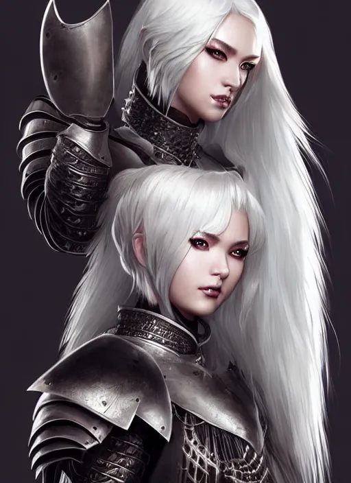 Image similar to warrior, fur leather armor!!! beautiful and elegant white hair female!! gorgeous ayes!! character concept art, sharp focus, octane render! unreal engine 5! highly rendered!! trending on artstation!! detailed linework!! illustration by artgerm, wlop, and chie yoshii