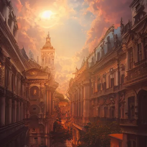 Prompt: magnificent baroque city floating in the sky, beautiful, surreal, highly detailed, sharp focus, sunset, by artgerm, cgsociety