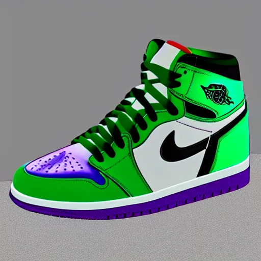 Image similar to “air Jordan 1, green and purple, 4K, ultra realistic render”