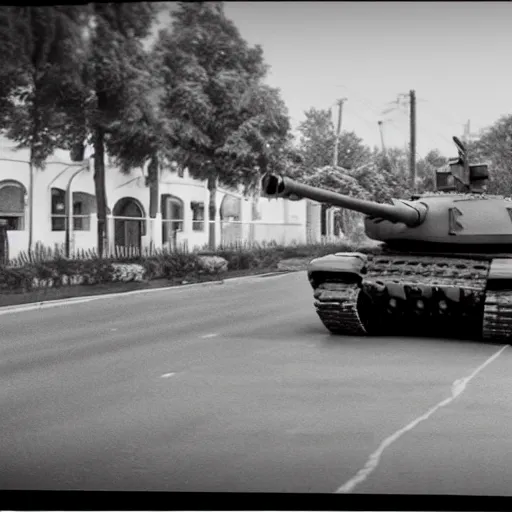 Image similar to cctv footage of a t - 9 0 tank driving past a suburban neighbhoorhood, realistic, highly detailed, black and white, at night, taken on a security cctv camera.