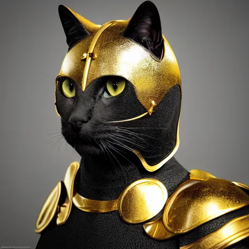 Prompt: portrait. black cat wearing a gold medieval knight armor. particle effects, cinestill, afrofuturism, sci - fi fantasy, 3 d render, stunning, regal