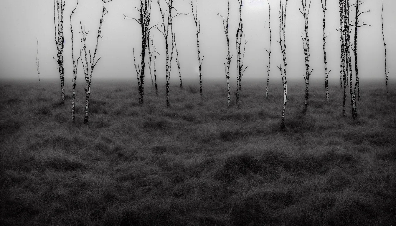 Prompt: highlands, flat horizon, old birch tree, grassy, foggy, flooded swamp, dark, atmospheric, scary, ambient vibe, very detailed, black and white, 8 k