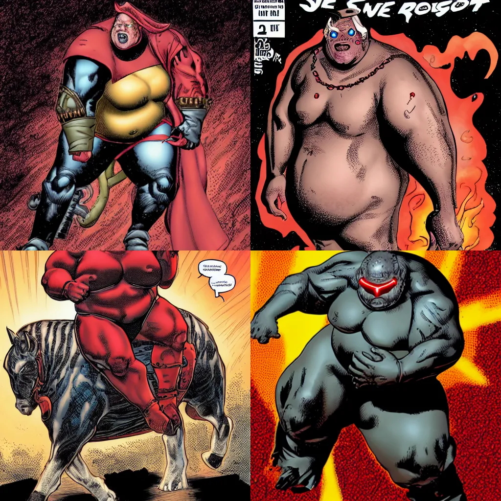 Prompt: obese Ethan Van Sciver riding on a dark horse with glowing red eyes