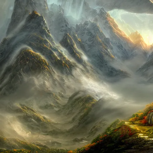 Image similar to a beautiful and highly detailed digital art of nepal in science fiction movie, detailed high buildings and rockets, forgotten valley, swirling mist, lush forests, intricate details, epic scale, insanely complex, 8 k, sharp focus, hyper realism, fantasy landscape, psychedelic, by caspar friedrich,