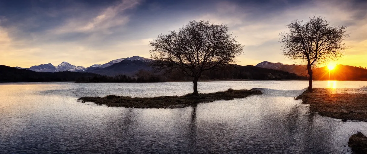 Prompt: Tree, mountains, river, landscape, photo, 4k, wind,reflections, realistic, camera, sunset, cold tones