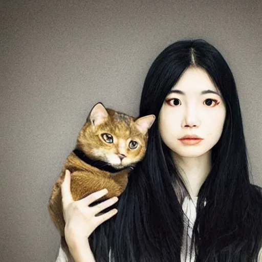 Image similar to cute emo taiwanese woman, with long dark hair, thick eyebrows!!! dark eyes and dark circles!, wide nose!!!, big eyes, oval face shape, big cheeks!, she is holding a cat in her arms, by juan villafuerte, greg rutkowski and alphonse mucha, pexels contest winner, high quality photo, hd rtx