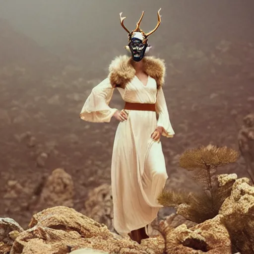 Prompt: The full body shot of beautiful pale woman with white flowers and full-face golden occult mask and antlers in a rocky desert landscape, multiple eyes by Denis Villeneuve, Lubezki, Gaspar Noe and Christopher Doyle, anamorphic lens, anamorphic lens flares, kodakchrome, cinematic composition, practical effects, award winning photo, 8k, detailed 85mm f/1.4