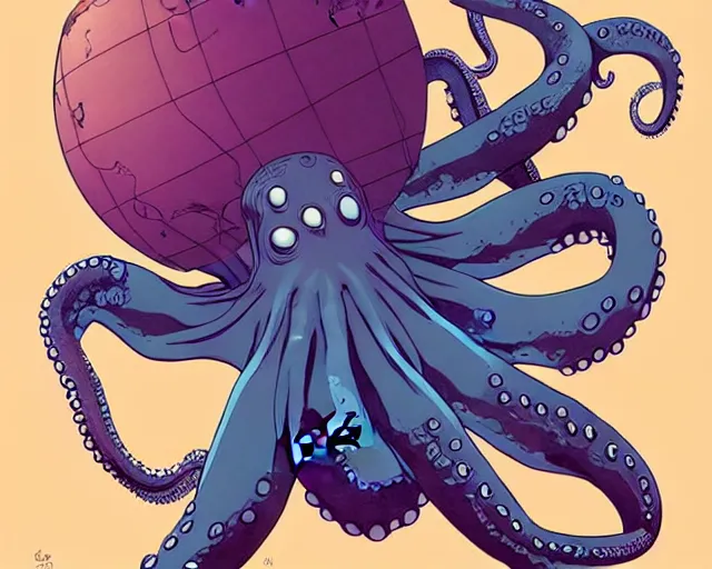 Image similar to a cell shaded an octopus with the planet earth globe as his body, illustration, full body wide shot, subtle colors, post grunge, concept art by josan gonzales and wlop, by james jean, Victo ngai, David Rubín, Mike Mignola, Laurie Greasley, highly detailed, sharp focus, alien, Trending on Artstation, HQ, deviantart, art by artgem