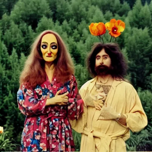 Image similar to 1970 hippie woman on tv show with a long prosthetic nose, wearing a floral robe in a meadow 1970 color archival footage color film 16mm holding a hand puppet Fellini Almodovar John Waters Russ Meyer Doris Wishman