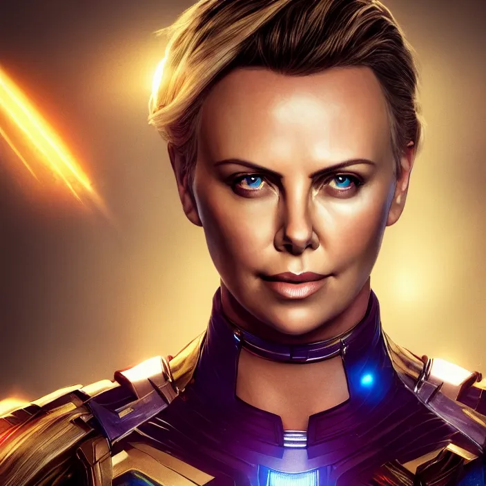 Image similar to portrait of (Charlize Theron), wearing The Infinity Gauntlet. intricate artwork. octane render, trending on artstation, very coherent symmetrical artwork. avengers. thanos. cinematic, hyper realism, high detail, octane render, 8k, iridescent accents