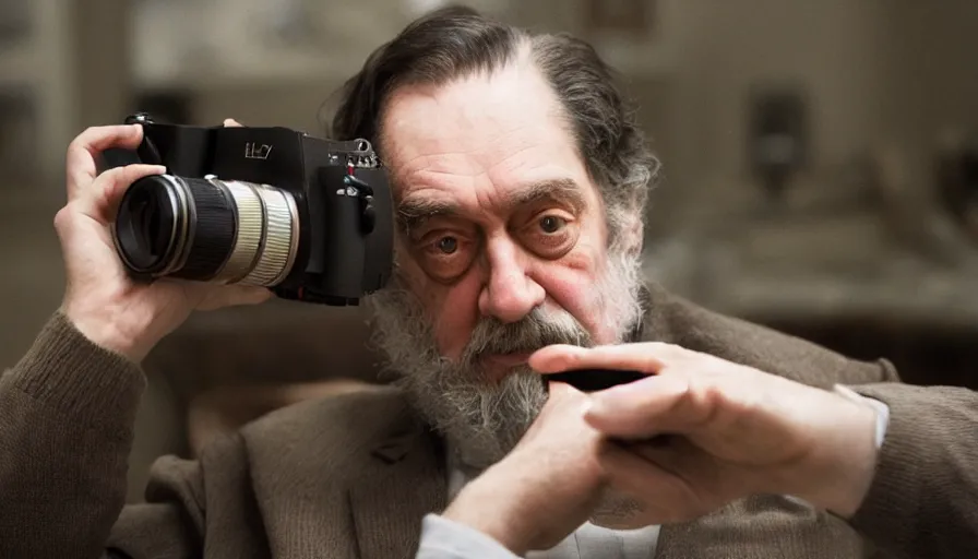 Image similar to hyper-realistic and detailed 2010s movie still portrait of stanley kubrick, Leica SL2 30mm, beautiful color, high quality, high textured, cinematic, low angle shot