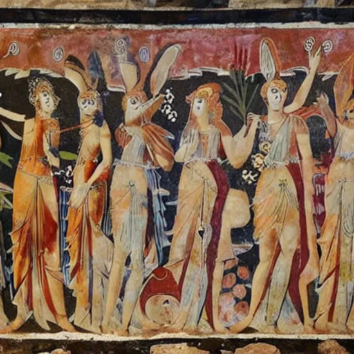 Image similar to an ancient greek mural of rabbits partying