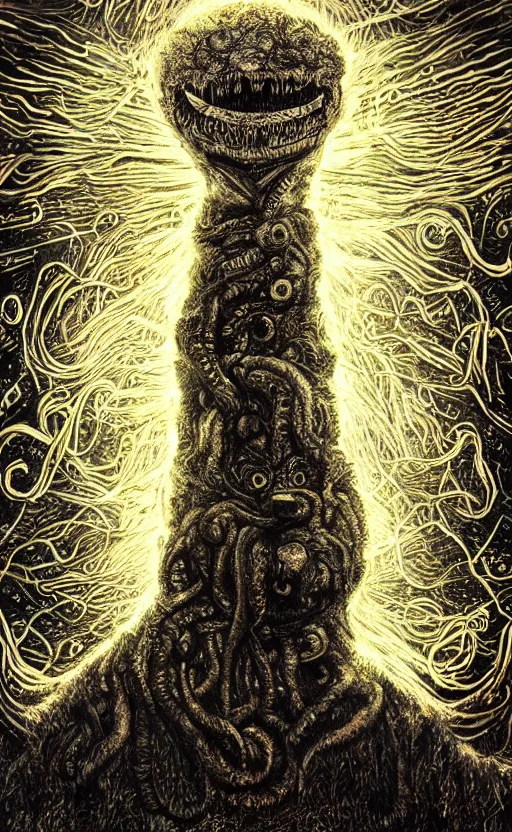 Image similar to portrait of lovecraftian elmo in the middle of it, surrounded by beams of light dark background by wayne barlow, stanley donwood, anton semenov, zdzislaw bekinski, hr giger, 8 k, fantasy, dark, highly detailed