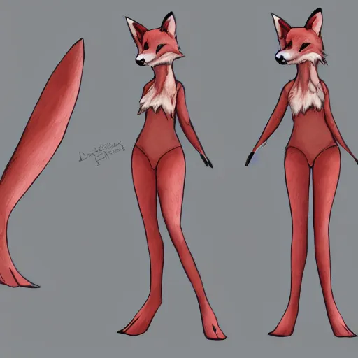 Prompt: female character sheet, concept art, fox legs, fox ears, part fox, anthropomorphic female, lone female, red hair, character sheet, sketch, anime, paws, close - up, feet replaced with paws.