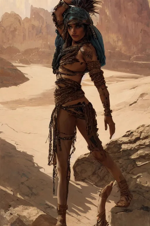 Image similar to a full body portrait of a beautiful post apocalyptic offworld desert bedouin thief savage rogue in beggars clothes in ballet pose by the emerald oasis pools, intricate, elegant, highly detailed, digital painting, artstation, concept art, smooth, sharp focus, illustration, art by krenz cushart and artem demura and alphonse mucha