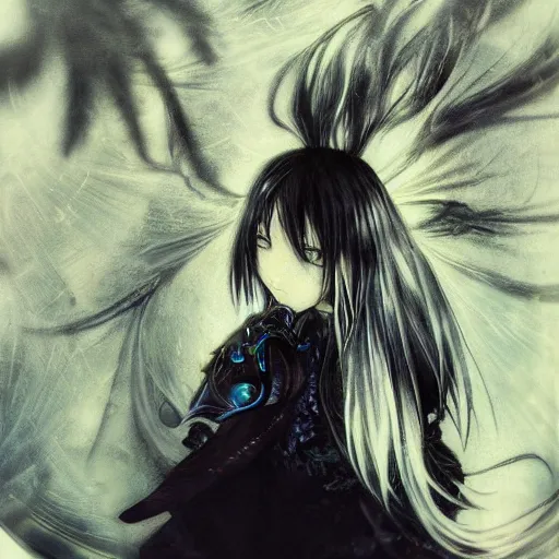 Prompt: Yoshitaka Amano blurred and dreamy illustration of an anime girl with black eyes, wavy white hair fluttering in the wind wearing Elden ring armour with cloack with folds, abstract black and white patterns on the background, reflection in a broken mirror, noisy film grain effect, highly detailed, Renaissance oil painting, weird portrait angle, blurred lost edges, three quarter view