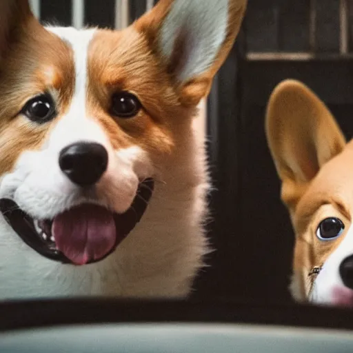 Prompt: a film still of a horror movie featuring two corgi dogs, clown faces, humanoid body, spooky, photography, award - winning, eerie, 4 k