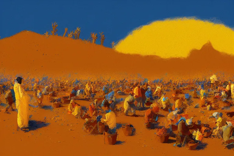 Prompt: detailed digital painting of a crowd of jews in the desert harvesting manna, yellow orange and blue color scheme, by craig mullins and ross trann